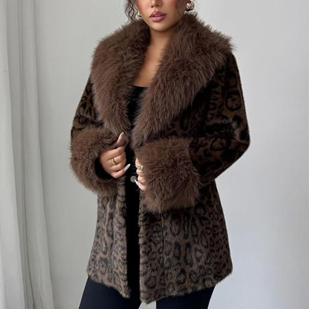NEW Brown Elegant Old Money Mobwife Leopard Print Fluffy Faux Fur Coat Jacket L